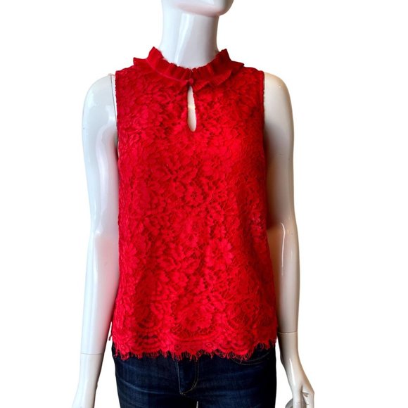 J. Crew Women Front Lace Blouse Top Sleeveless Ruffle Keyhole Neck Red Size XXS - Picture 2 of 8